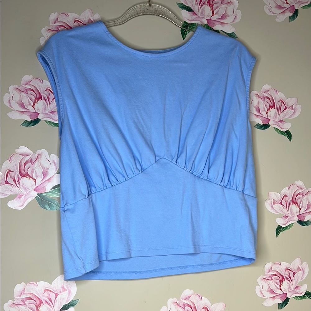 A New Day Blue Ruched Asymmetrical Sleeveless Blouse.  BB-9